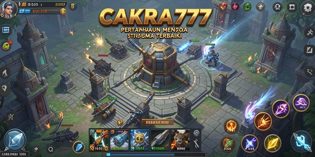 Screenshot gameplay CAKRA777 menampilkan pertahanan menara yang epik.