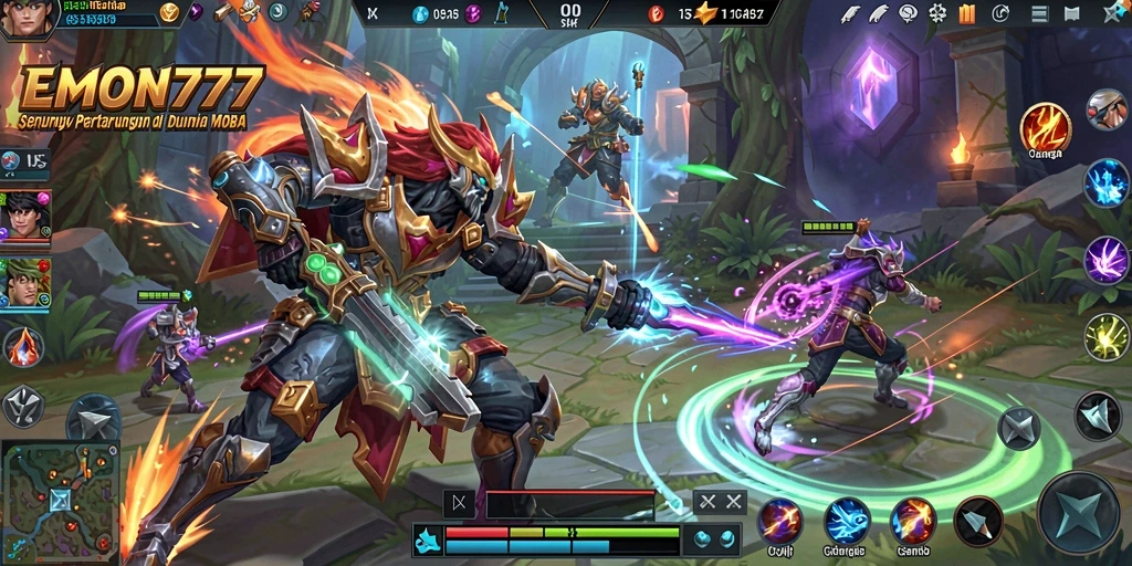 Screenshot gameplay EMON777 menampilkan pertarungan tim yang intens.
