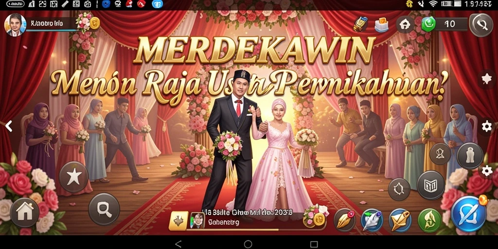 Screenshot gameplay MERDEKAWIN menampilkan pernikahan yang megah dan detail.
