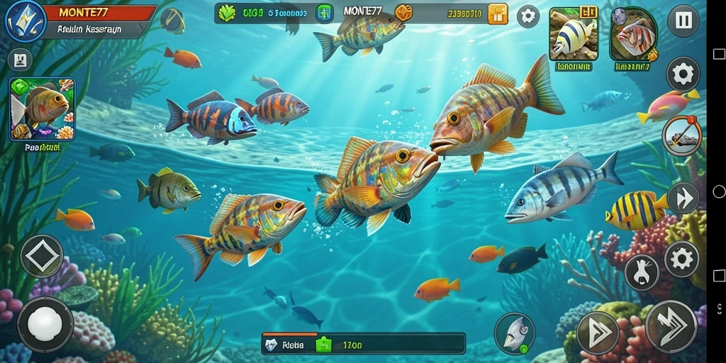 Screenshot utama MONTE77 menunjukkan aksi menembak ikan yang mendebarkan.
