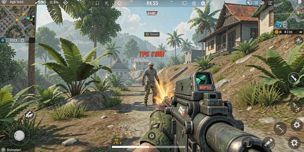 Tampilan menarik dari gameplay RK55 menampilkan aksi tembak-menembak yang seru.