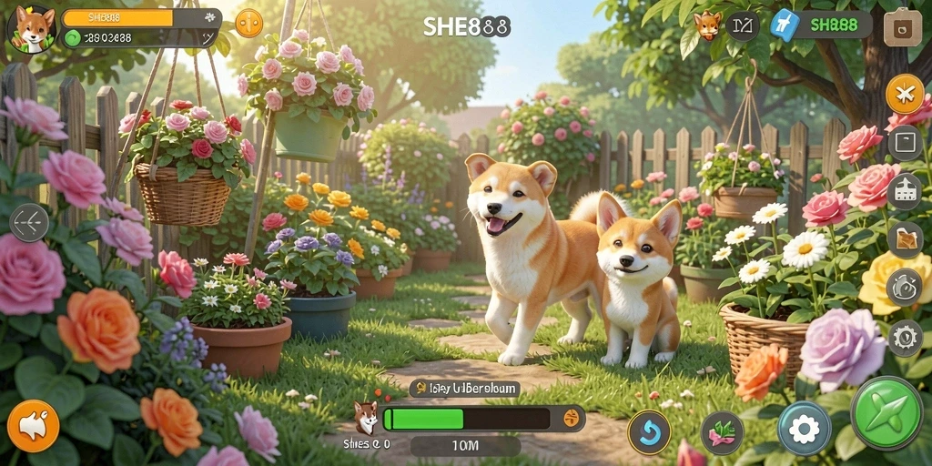 Tampilan gameplay SHE888 yang menampilkan kebun yang memukau.
