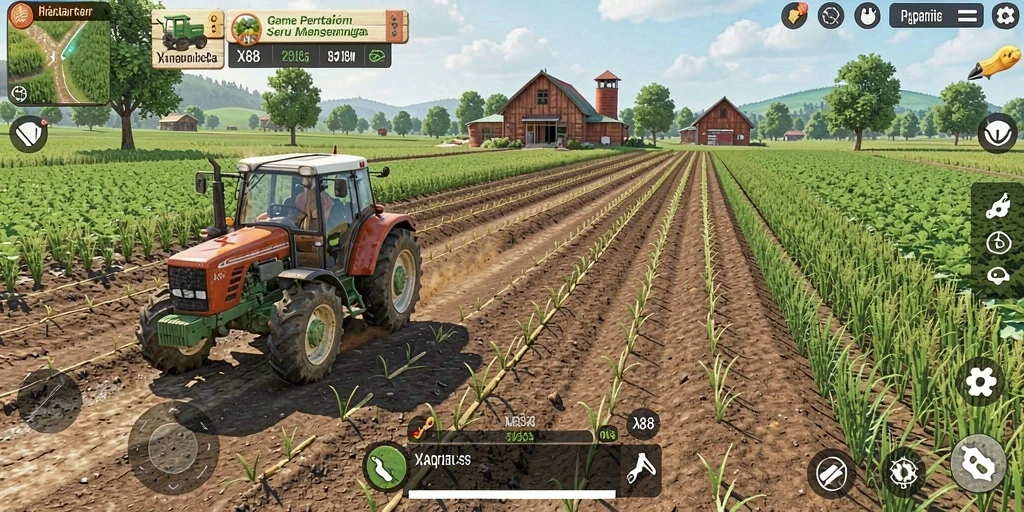 Screenshot gameplay X88 menunjukkan petak pertanian yang indah dan beragam tanaman.